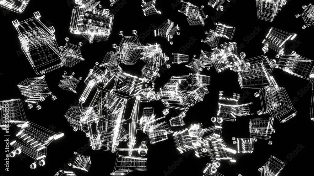 Hologram white shopping carts on a black background.
Bright SciFi style animation.
Hologram white shopping carts on a black background.
Bright SciFi style animation.