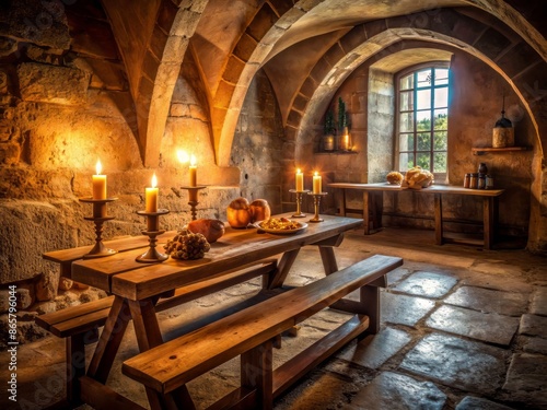 Empty table set with candles, bread, and wine in a dimly lit ancient European-style stone room with a large arched window and rustic wooden benches.