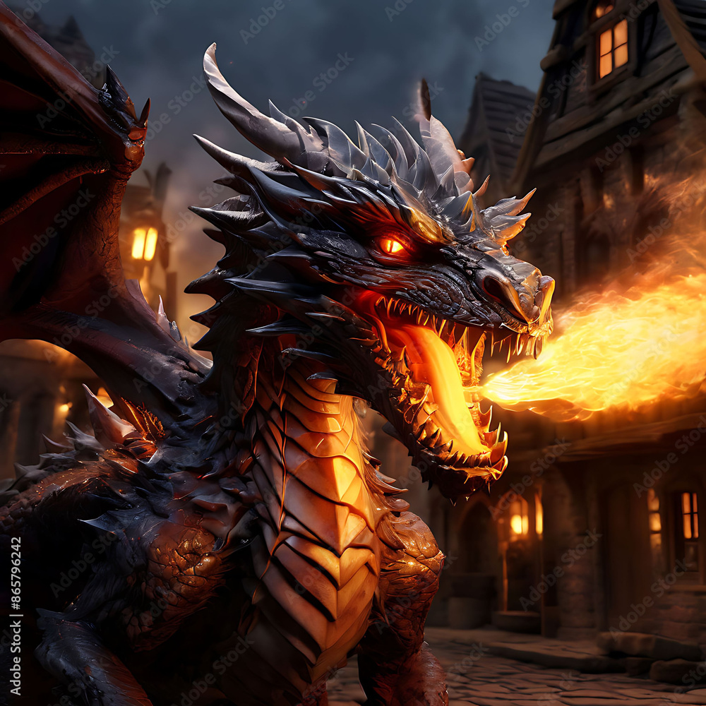 A 3D cartoon dragon breathing fire in a medieval village A 3D cartoon dragon breathing fire in a medieval village