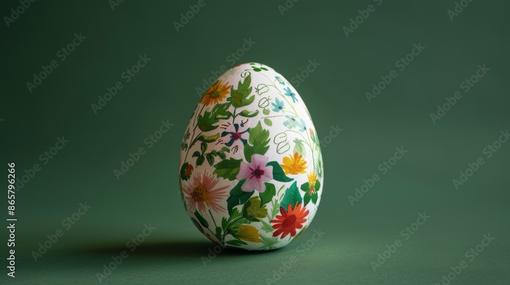 A single Easter egg decorated with flowers, against a green background. A single Easter egg decorated with flowers, against a green background.