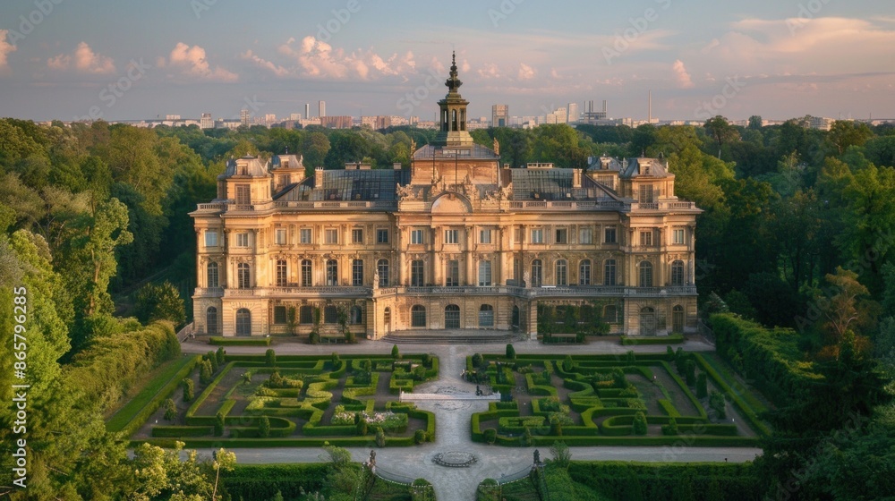 Obraz premium Aerial view of the beautifully restored Wilanów Palace and its gardens in Warsaw