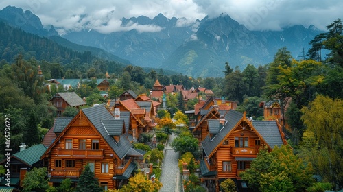 Aerial photograph of the picturesque town of Zakopane with the Tatra Mountains in the background
