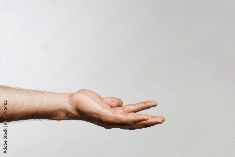 Detailed close-up of a man's hand reaching out or offering help, set against white backround. The gesture of giving or receiving, highlighting the textures and natural look of the hand. Detailed close-up of a man's hand reaching out or offering help, set against white backround. The gesture of giving or receiving, highlighting the textures and natural look of the hand.