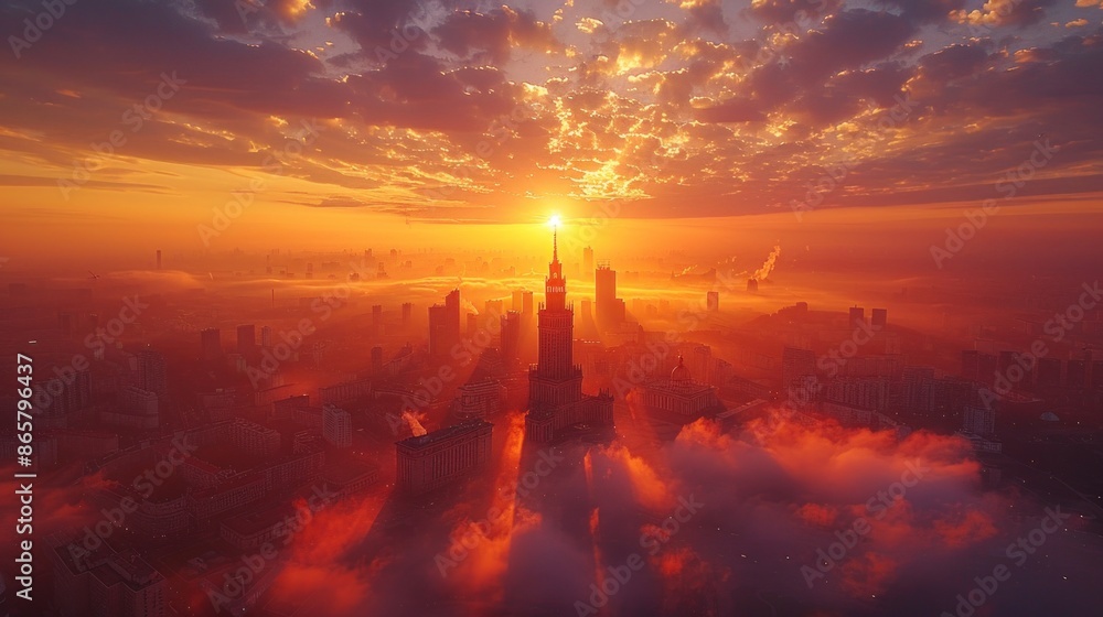 Drone image of the Warsaw skyline featuring the Palace of Culture and Science Drone image of the Warsaw skyline featuring the Palace of Culture and Science