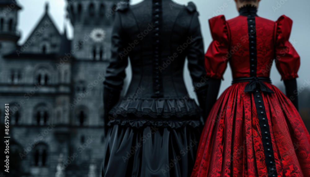 Gothic couple in dark attire, standing in front of a spooky castle, Halloween couple 3D, eerie elegance Gothic couple in dark attire, standing in front of a spooky castle, Halloween couple 3D, eerie elegance