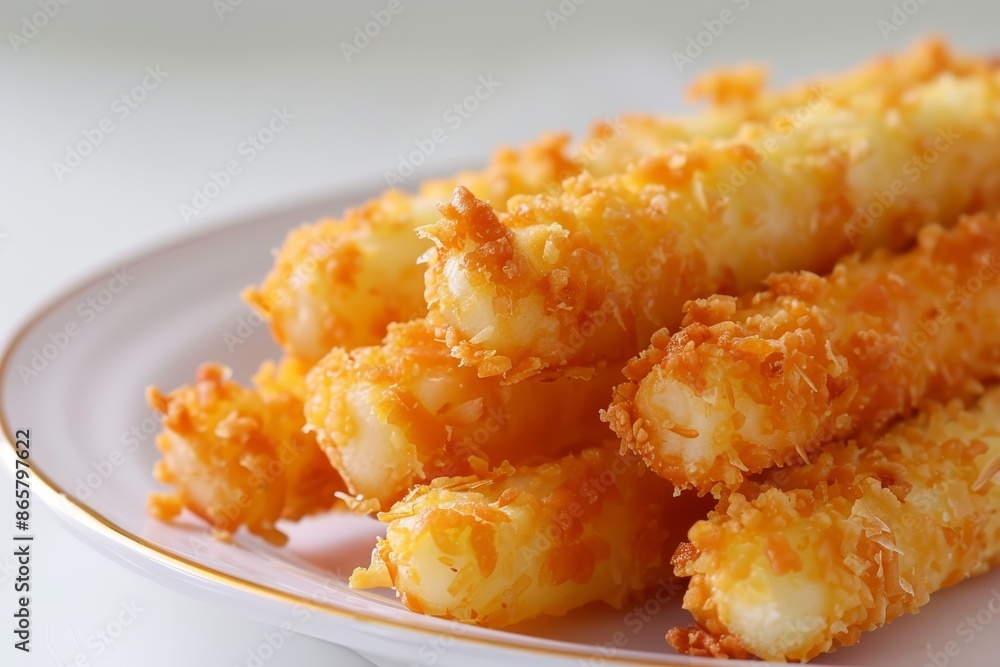 Indonesian crunchy cheese snack savoury on white plate Indonesian crunchy cheese snack savoury on white plate