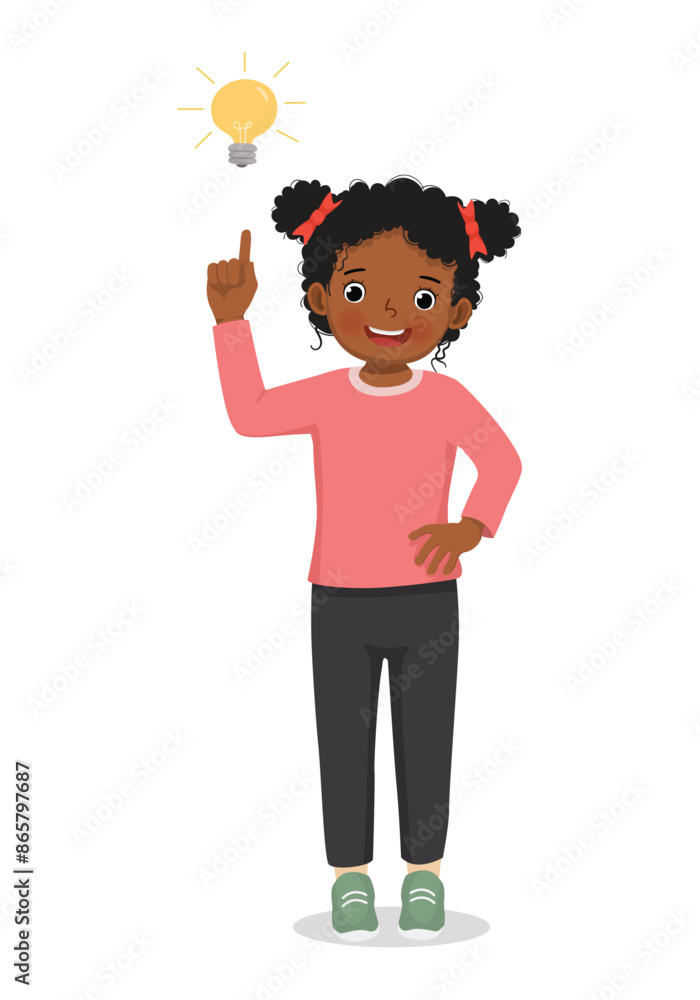 Fototapeta premium Cute little African gir got an idea pointing finger up with bulb light 