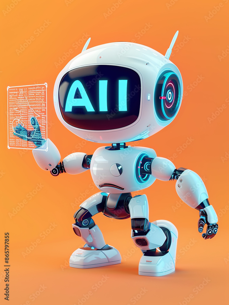 Fototapeta premium 3d render of cute robot holding digital glowing hologram with text 