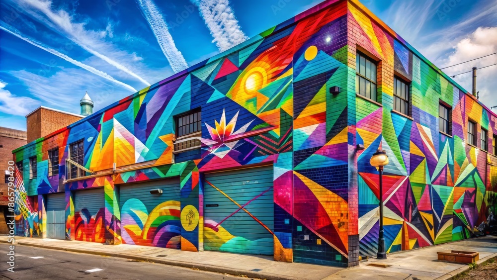 Naklejka premium Vibrant street art-inspired mural painting bursting with bold colors, abstract geometric shapes, and dynamic graffiti elements on a gritty urban warehouse wall background.