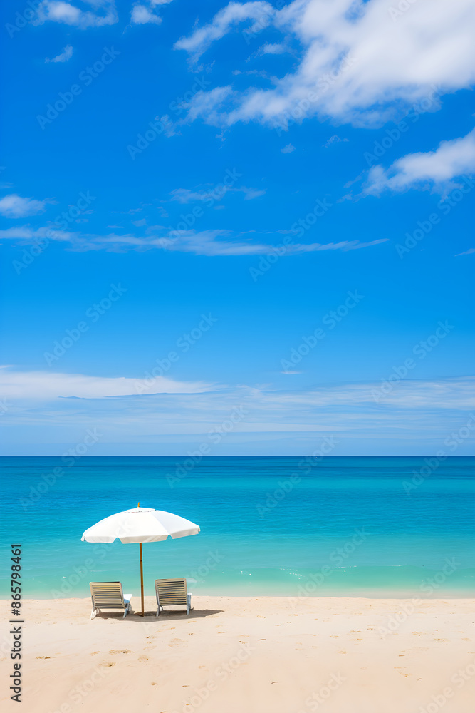Mesmerizing Aquamarine Seascape: Pristine Beach with Colorful Parasols and Lonely Sailboat Mesmerizing Aquamarine Seascape: Pristine Beach with Colorful Parasols and Lonely Sailboat