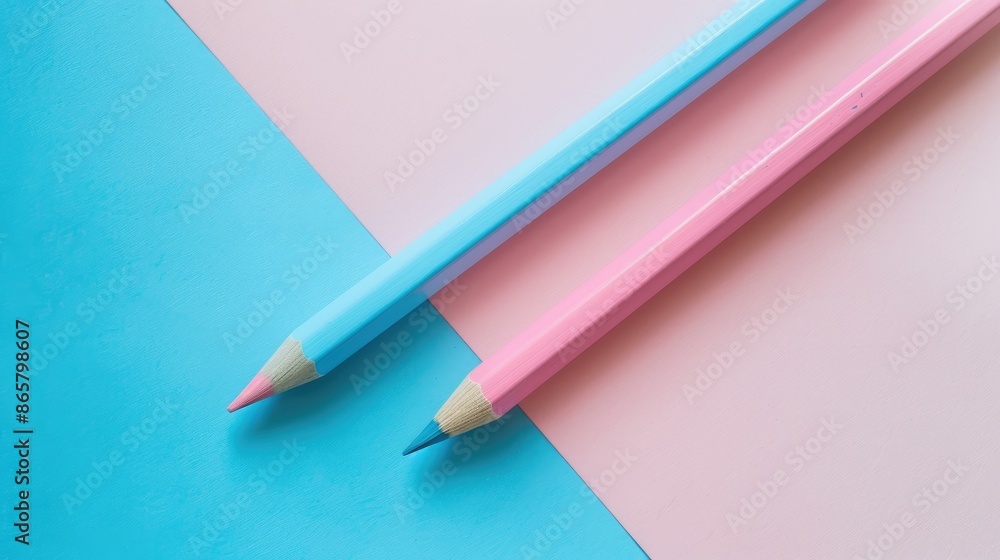 Pink and blue pencils on soft colored surface Simplistic design Overhead view with empty space Pink and blue pencils on soft colored surface Simplistic design Overhead view with empty space