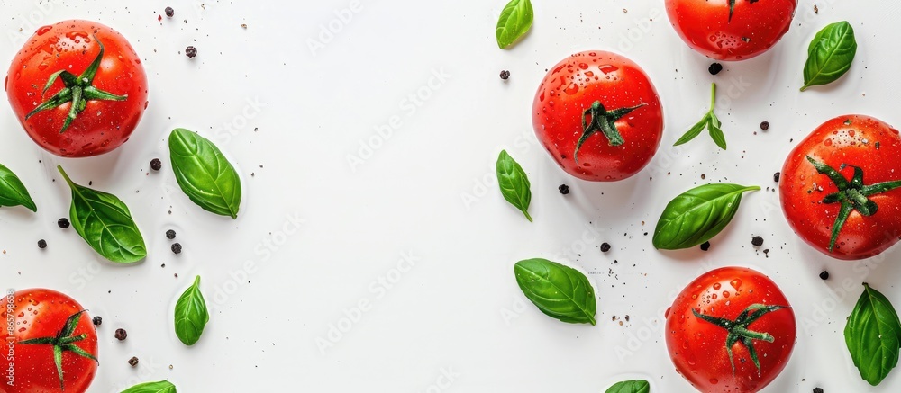 Tomato products with basil and space for text on white background, top view Tomato products with basil and space for text on white background, top view