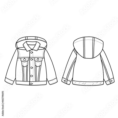 Unisex hooded denim jacket design vector flat sketch template. Outerwear jackets technical fashion illustration. Flat jacket template front and back view.