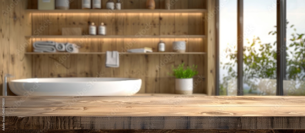 Wooden Table Against Blurred Bathroom Window and Shelves Wooden Table Against Blurred Bathroom Window and Shelves