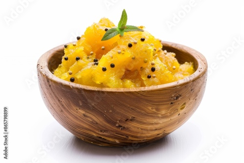 Isolated white background bowl with Indian mango chunda and pickle photo