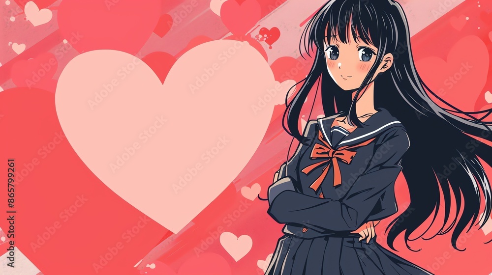 A young anime girl with long black hair and a sailor uniform stands in front of a pink heart. A young anime girl with long black hair and a sailor uniform stands in front of a pink heart.