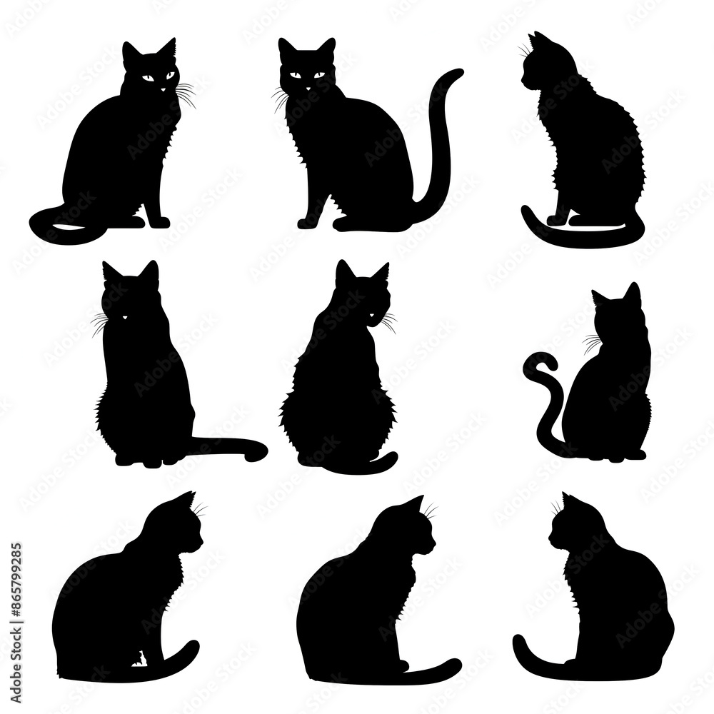 set of cats silhouettes on white set of cats silhouettes on white