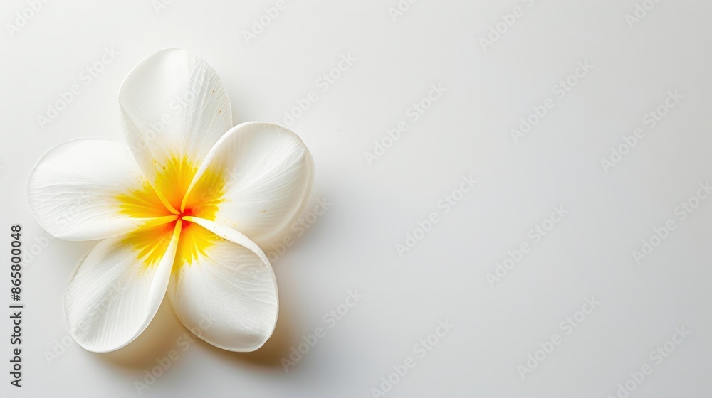 A white frangipani flower on the left side of an empty, pure white background A white frangipani flower on the left side of an empty, pure white background