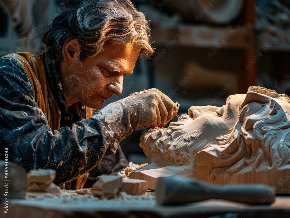 A skilled craftsman meticulously carving a detailed wooden sculpture in a dimly lit workshop. A skilled craftsman meticulously carving a detailed wooden sculpture in a dimly lit workshop.