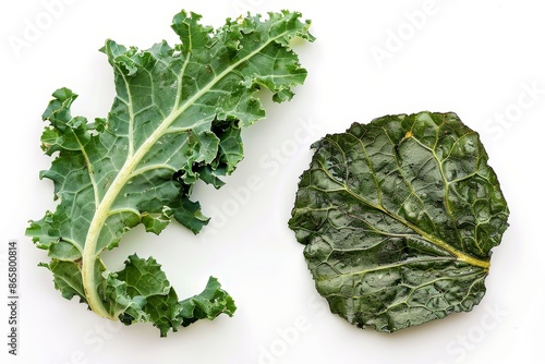 Kale chip and leaf on white background photo