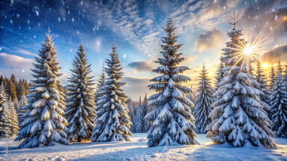 Snow-covered evergreen trees stand tall amidst frozen winter wonderland landscape with gentle snowflakes falling on rural forest scenery. Snow-covered evergreen trees stand tall amidst frozen winter wonderland landscape with gentle snowflakes falling on rural forest scenery.