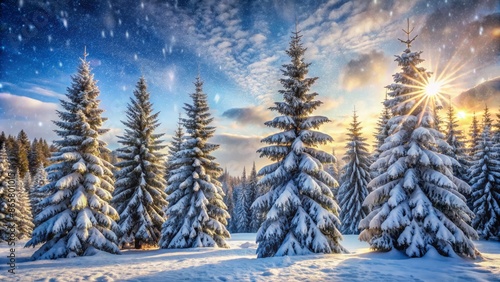 Snow-covered evergreen trees stand tall amidst frozen winter wonderland landscape with gentle snowflakes falling on rural forest scenery.