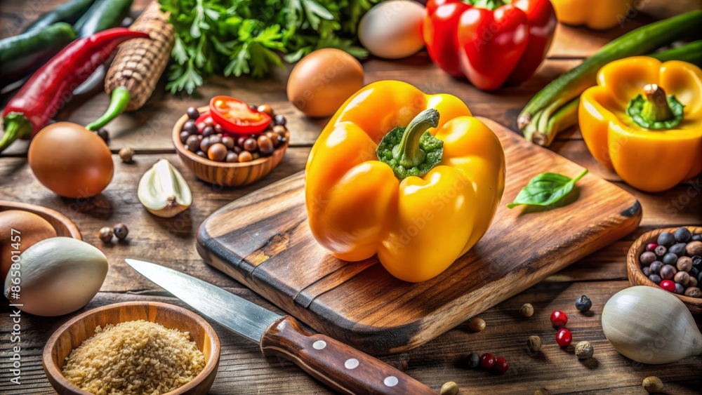 Vibrant yellow bell pepper being sliced on rustic wooden cutting board amidst colorful vegetables, eggs, and aromatic spices on kitchen counter. Vibrant yellow bell pepper being sliced on rustic wooden cutting board amidst colorful vegetables, eggs, and aromatic spices on kitchen counter.