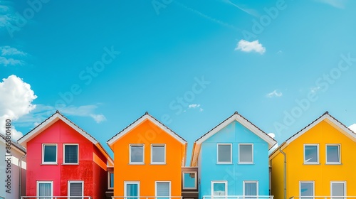 A row of four colorful houses with a blue sky and clouds above.