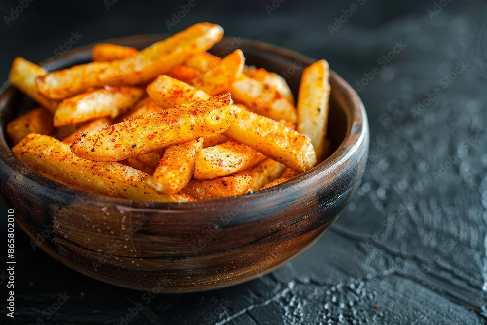 Kerala snack of spiced and salted tapioca sticks or cassava chips fried with spicy masala on black background text space available Kerala snack of spiced and salted tapioca sticks or cassava chips fried with spicy masala on black background text space available