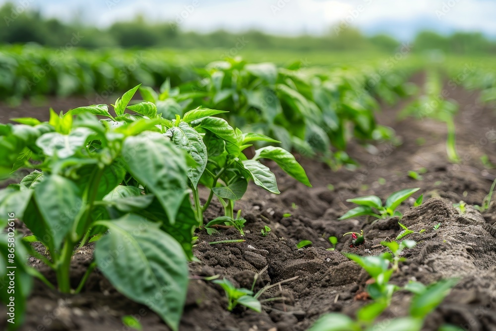 Pepper crops cultivated in a farm field along with other vegetables Organic vegetable growth in open ground Agroindustry involves food produ Pepper crops cultivated in a farm field along with other vegetables Organic vegetable growth in open ground Agroindustry involves food produ