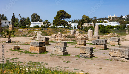 фотографія Scenic view of ruins of ancient Carthage Punic Ports with remains of stone structures and dry docks overgrown with lush greenery under clear sky