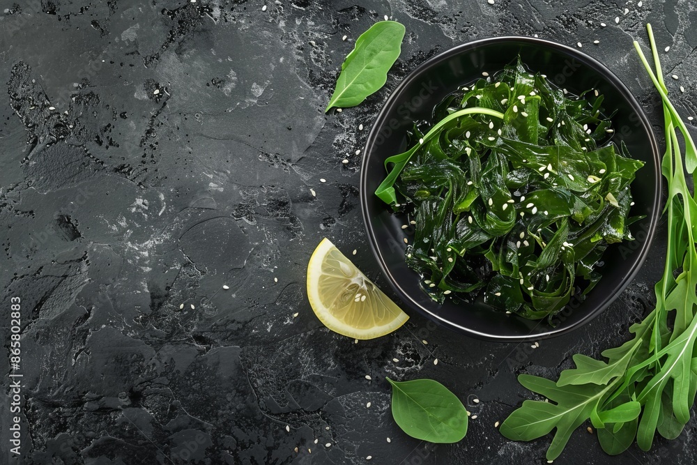 Pickled seaweed salad with sesame and lemon on black stones Traditional sushi menu item Pickled seaweed salad with sesame and lemon on black stones Traditional sushi menu item
