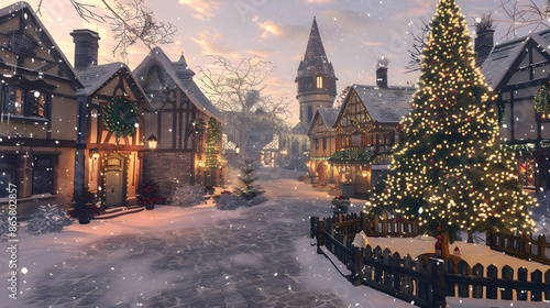 Snowy Christmas Village with Lit Christmas Tree 3D Illustration