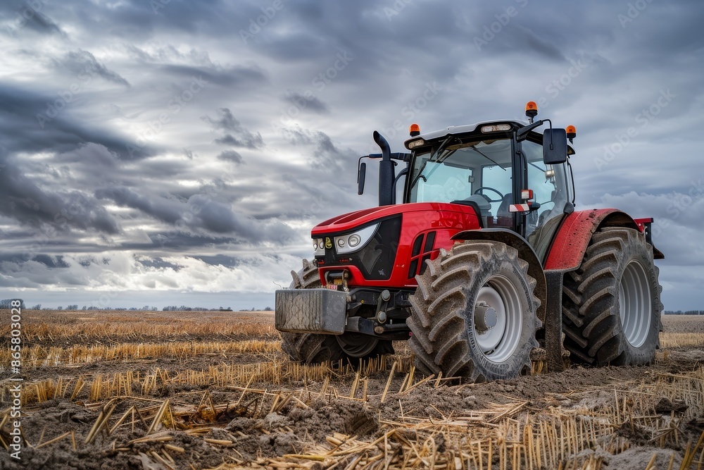 Picture of new red tractor seeding in field with precision GPS during cloudy summer autumn day Picture of new red tractor seeding in field with precision GPS during cloudy summer autumn day