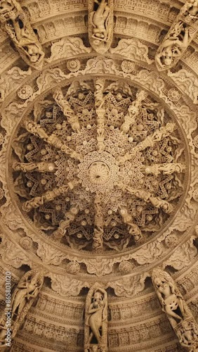 Ceiling of iconic Ranakpur Jain temple or Chaturmukha Dharana Vihara. Marble ancient medieval carved sculpture carvings of sacred religious place of jainism worship. Ranakpur, Rajasthan. India photo