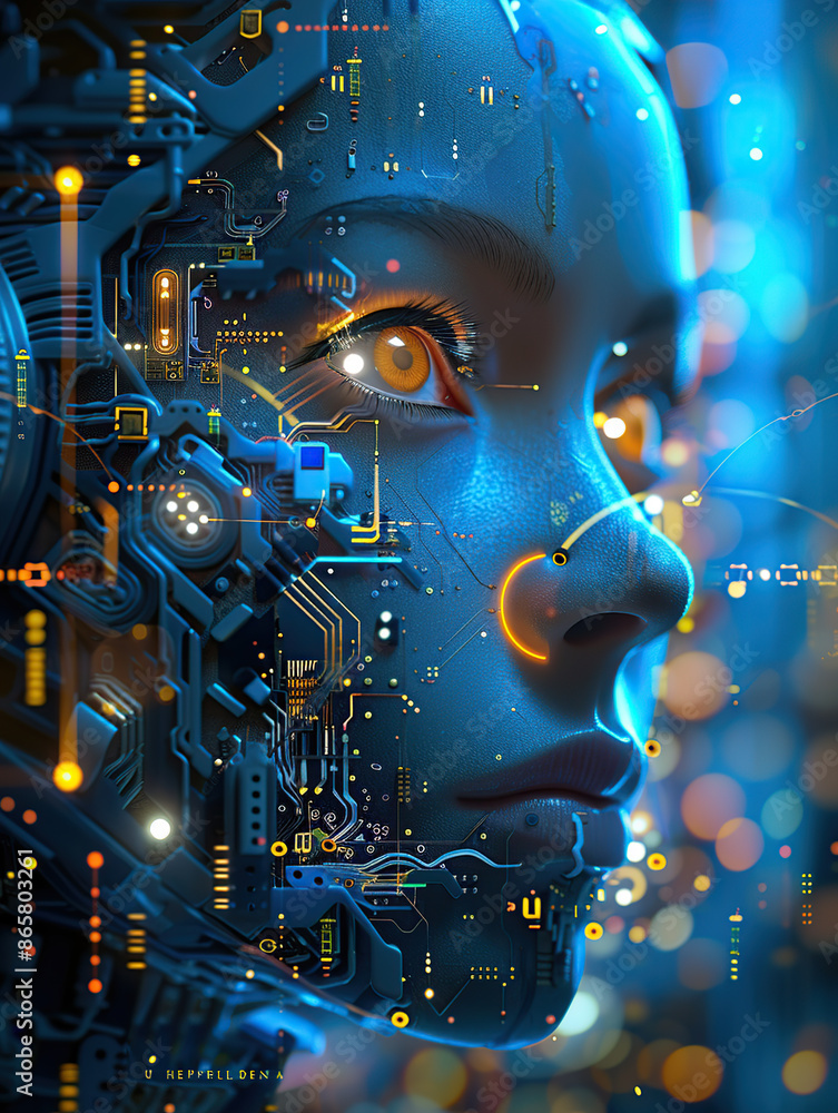 Artificial Intelligence, close-up of the face of an AI robot woman made up with circuitry and microchips in her head
