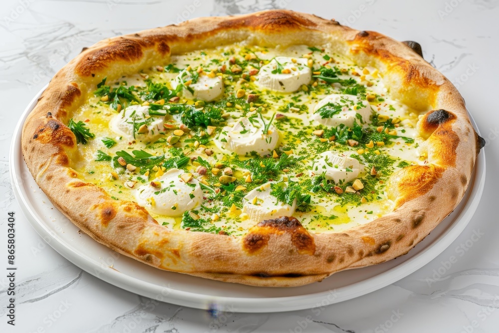 Pizza with buratta cheese cream sauce pistachio on a white plate with white marble background Pizza with buratta cheese cream sauce pistachio on a white plate with white marble background