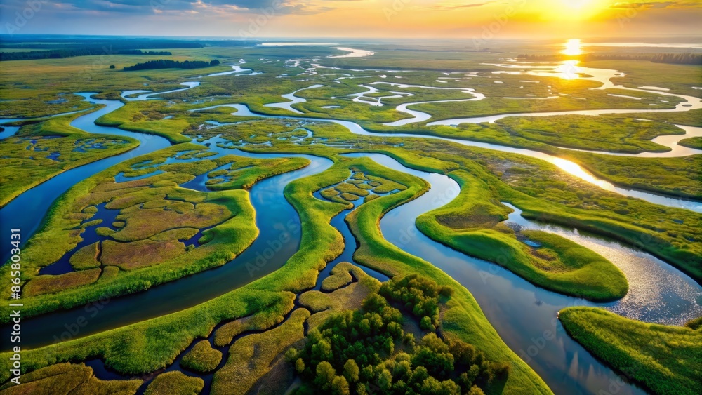 Fototapeta premium Serene aerial vista of meandering river delta surrounded by vibrant green wetlands and intricate network of shimmering water channels.