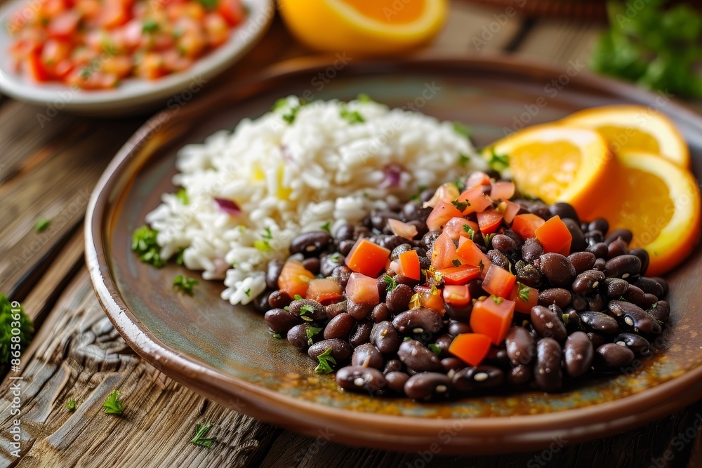 Plate with Brazilian black bean dish salad cassava oranges and rice Plate with Brazilian black bean dish salad cassava oranges and rice