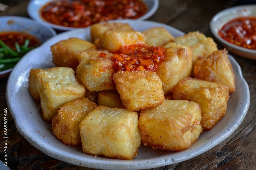 Plate with cireng an Indonesian snack made from tapioca flour served with chili sauce Plate with cireng an Indonesian snack made from tapioca flour served with chili sauce