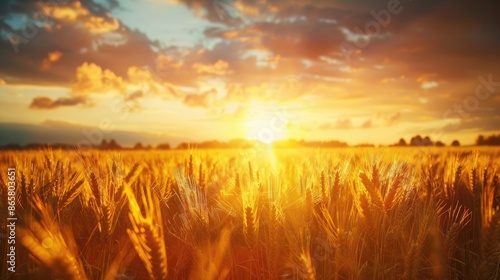 Sunset over golden wheat meadow with sun rays