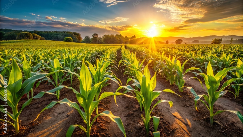 Golden sunlight illuminates lush green organic maize farm with rows of freshly seeded sweet corn plants in rural countryside landscape. Golden sunlight illuminates lush green organic maize farm with rows of freshly seeded sweet corn plants in rural countryside landscape.