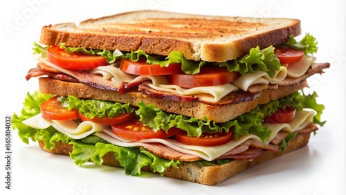 Freshly prepared mouthwatering club sandwich with turkey bacon lettuce tomato and mayonnaise on toasted bread against a clean white background