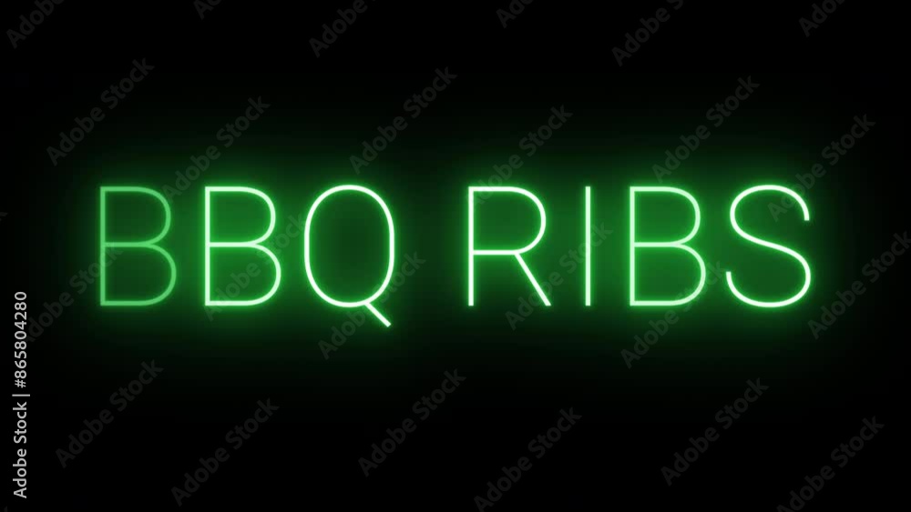 Flickering neon green glowing BBQ Ribs text animated on black background Flickering neon green glowing BBQ Ribs text animated on black background