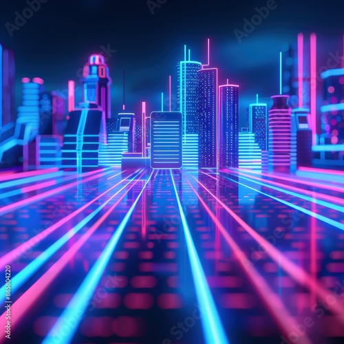 A vibrant neon futuristic cityscape with glowing buildings and electronic lines, representing a high-tech urban environment at night. © KanitChurem