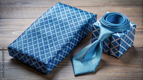 Elegant geometric patterns on blue background featuring necktie and gift box, perfect for Father's Day celebratory designs. photo