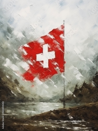 Switzerland Indonesian flag, rendered in impressionism style, copy space - generative ai