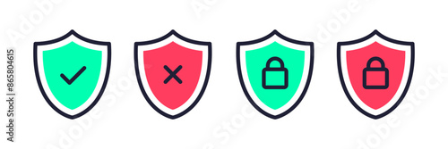 Security shield icons, security shields symbols with check mark and padlock. Safety shields icon set. Access approved and denied symbols. Vector illustration