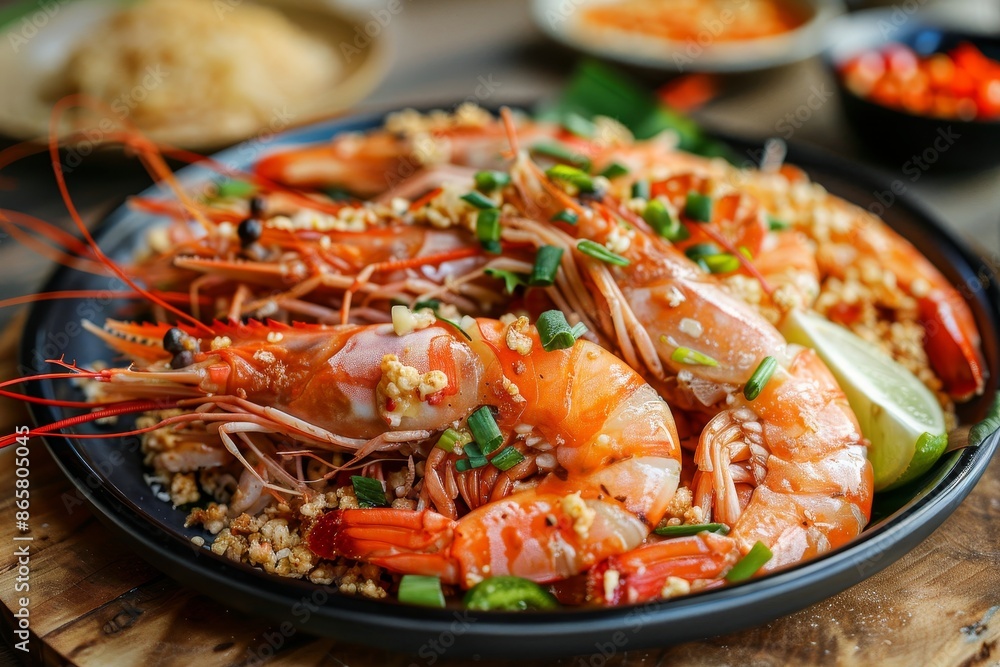 Popular Southeast Asian dish Fried butter prawn with cereal on wooden table Popular Southeast Asian dish Fried butter prawn with cereal on wooden table
