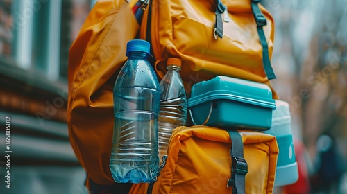Close-up shot of a student's backpack filled with reusable lunch containers and a water bottle, emphasizing the importance of reducing plastic waste.
